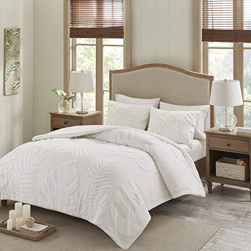 Madison Park Tufted Chenille Cotton Comforter All Season Bedding Set, Matching Shams, Full/Queen(90"x90"), Bahari, Coastal Palm Leaf Off White (MP10-6221)