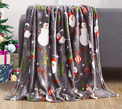 Elegant Comfort Velvet Touch Ultra Plush Christmas Holiday Printed Fleece Throw/Blanket-50 x 60inch, (Santa Snowman Gray)