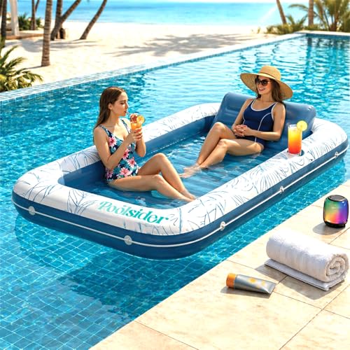 Poolsider Inflatable Tanning Pool Lounger | (72" x 48") Large Inflatable Tanning Bed for Adults -4 in 1 Multipurpose Sunbed Tub | Pool Floats Adults, Inflatable Couch Pool Float & Tanning Float (Blue)