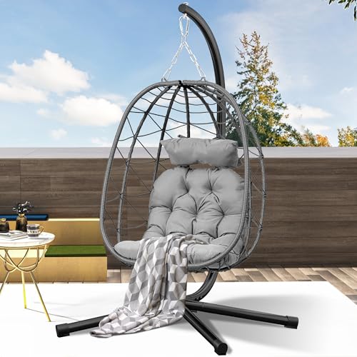 DWVO Egg Hanging Swing Chair with Stand Egg Chair Wicker Egg Chair with Cushions 330lbs for Patio, Bedroom, Garden and Balcony, Dark Gray