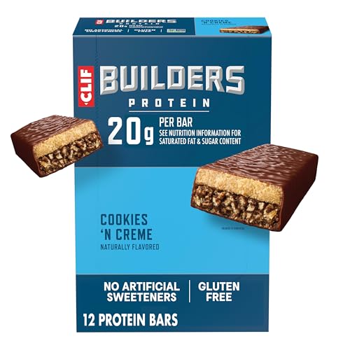CLIF BUILDERS Protein Bars - Cookies 'n Cream Flavor - 20g Plant Based Protein - Gluten Free - Non-GMO - Low Glycemic - No Artificial Sweeteners - 2.4 oz. (12 Pack)