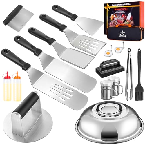Griddle Accessories for Blackstone with Smashed Burger Press,19Pcs Griddle Accessories kit for Hibachi, Enlarged Grill Spatula, Salt and Pepper Shakers, Grill Black Tools Set