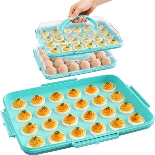 Deviled Egg Containers with Lid - Reusable Platter 2 Pack 48 Count Storage Tray with Handle for Potlucks, Tea Parties, Party, Thanksgiving, Picnics, Refrigerator, Christmas, Easter, Brunches (Blue)