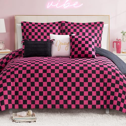 Juicy Couture Reversible Checkerboard Comforter Set 6-Piece Full/Queen Set, Black/Hot Pink
