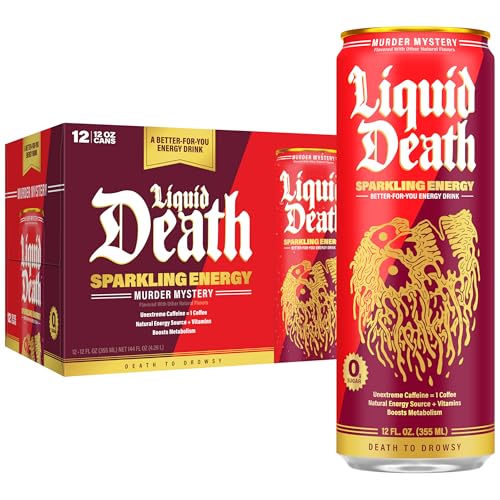 Liquid Death Sparkling Energy - Murder Mystery (Cherry, Cream, Spice), Zero Sugar Energy Drink, Unextreme Caffeine 100mg, Essential Vitamins, 12 Fl Oz (Pack of 12)