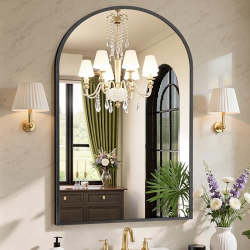 Sweetcrispy 26"x38" Arch Black Bathroom Wall Mirror, Metal Frame Vanity Mirror for Bedroom, Entryway, Living Room