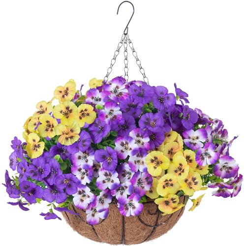 Ivydale Artificial Pansies Faux Hanging Plants Flowers Basket for Outdoor Outside Decor, Fake Silk Pansy UV Resistant Realistic Colorful Fake Hanging Flowers for Front Door Porch (3-Mixed Color)
