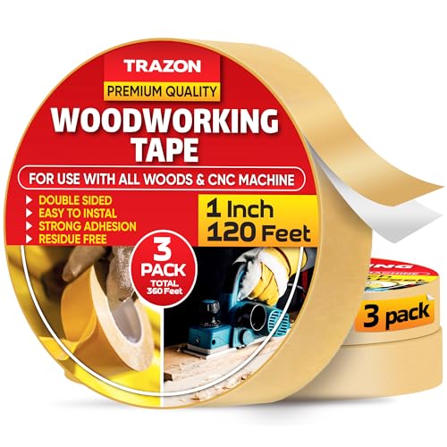 Trazon Double Sided Woodworking Tape Super Strong, 3 Pack, 1 Inch x 120 Feet, Wood Crafter Sticky Tool, Two Side Adhesive for Router Templates and CNC Machine, Removable & Residue Free