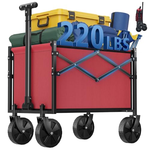 OLIXIS Collapsible Wagon Cart with Wheels 220 lbs Capacity, Heavy Duty Mini Foldable Portable Wagon with Adjustable Handle, Small Foldable Cart for Camping, Garden, Sports, Beach, Shopping - Red