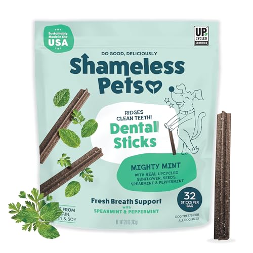 Shameless Pets Triple Mint Dental Chews for Dogs, 32 Chews - Natural Dog Teeth Cleaning Treats with Fresh Breath Benefits | Grain-Free Dental Sticks for Small, Medium & Large Dogs
