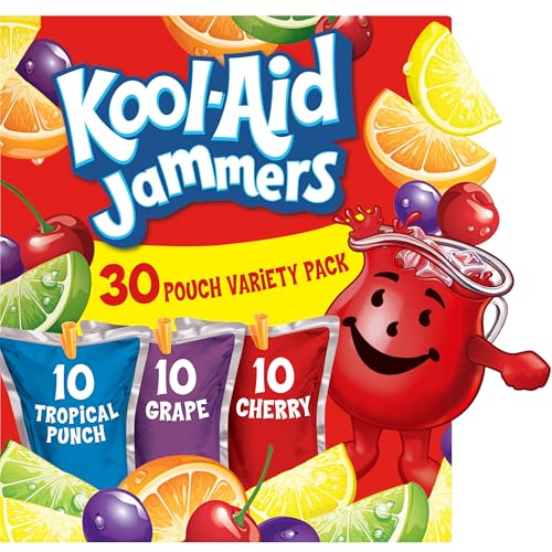 Kool-Aid Jammers Drink, 30 Pouches, for School Lunches and On-the-Go Hydration, Artificially Flavored Tropical Punch, Grape and Cherry Flavors, 6 fl oz