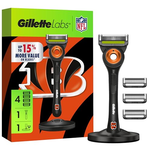 Gillette Labs Special NFL Bengals Edition Shaving Razor for Men - 1 Handle, 4 Razor Blade Refills & Magnetic Stand, GilletteLabs with Exfoliating Bar