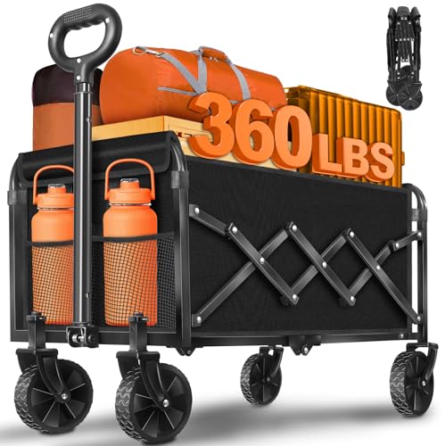 Wagons Carts Foldable,360lbs Collapsible Wagon with Wheels, Lightweight Foldable Wagon Cart with Drink Holders for Camping,Travel,Picnic,Shopping,Sports,Storage,Fashion Black