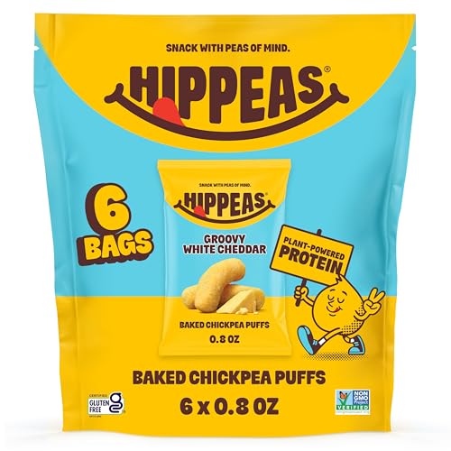 HIPPEAS Chickpea Puffs, Groovy White Cheddar, Gluten Free Snacks, Dairy Free, Vegan, 0.8oz, Pack of 6, 3g Protein, 2g Fiber, Crunchy, Nutritious, Baked Plant Protein Snack, Non-GMO, Kosher