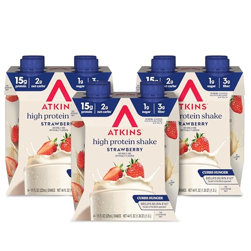 Atkins Strawberry Flavored Protein Shake, High Protein, Low Glycemic, Low Sugar and Low Carb, Keto Friendly, Gluten Free, 12 Count