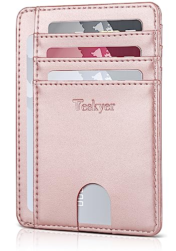 Teskyer Slim Wallet for Men, Minimalist Front Pocket RFID Blocking Leather Wallet Credit Card Holder for Men & Women, Rose Gold
