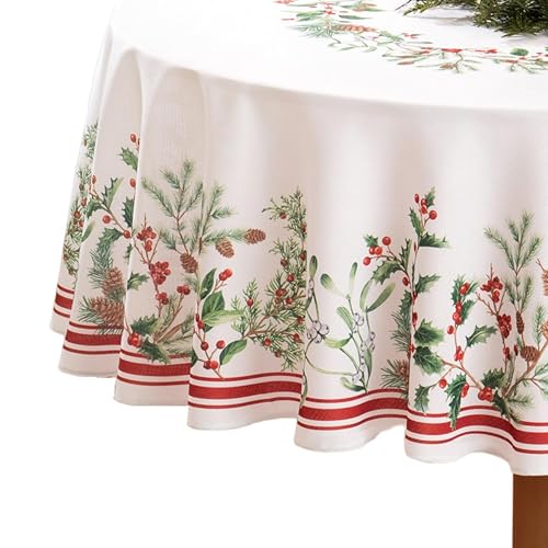 Elrene Home Fashions Winter Holiday Berry Bordered Wrinkle Resistant Tablecloth, Decorative Christmas Table Cover, 70", Round