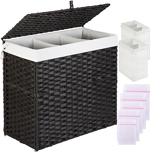 Greenstell Laundry Hamper with Lid, 125L Large Clothes Hamper with 3 Section & 2 Section Removable Liner Bags & 5 Mesh Laundry Bags, Handwoven Synthetic Rattan Divided Laundry Basket, Black