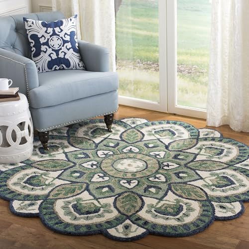 SAFAVIEH Novelty Collection Area Rug - 12' Round, Ivory & Blue, Handmade Boho Floral Rustic Country Wool, Ideal for High Traffic Areas in Living Room, Bedroom (NOV604M)