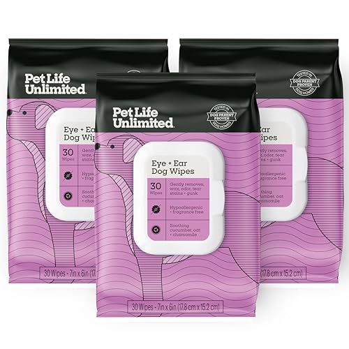 Pet Life Unlimited Dog Eye & Ear Wipes, 30 Count, Hypoallergenic, Fragrance-Free, Plant-Based Cleaning & Grooming Wipes with Aloe & Chamomile, Gently Remove Dirt & Wax, Soothes Skin (Pack of 4)