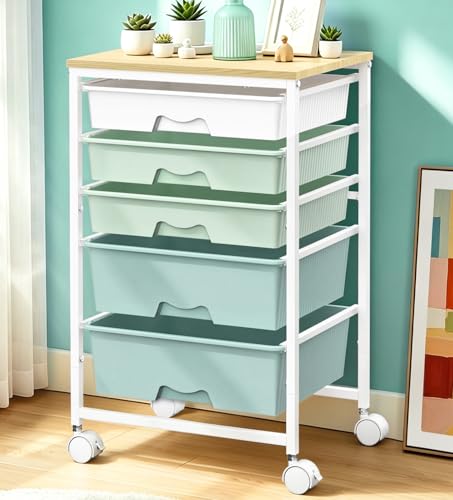 SUNALLY Rolling Carts With 5 Drawers, Storage Drawer Carts with Wooden Tabletop and 2 Lockable Wheels, Rolling Utility Cart for Craft Art Supply Storage & Home Office Organization, Green