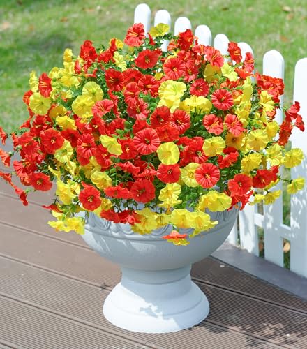 Artificial Flowers Fake Plants for Outdoors Decoration, 12 Bundles Silk Morning Glory with Eucalyptus Realistic UV Resistant Faux Flowers for Outside Planter Porch Yard Patio Garden Home Indoor, Mix