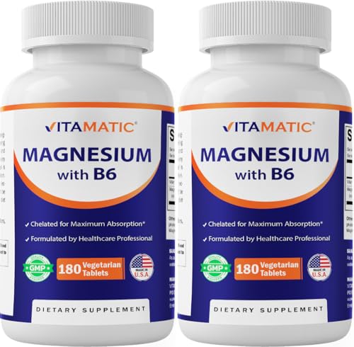 Vitamatic Magnesium with B6-180 Vegetarian Tablets (Uncoated) - Added B6 for Maximum Absorption - Supports Muscle, Joint, and Heart Health - 2 Pack