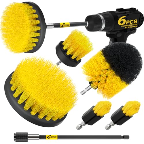 Holikme 6Pack Drill Brush Power Scrubber Cleaning Brush Extended Long Attachment Set All Purpose Drill Scrub Brushes Kit for Grout, Floor, Tub, Bathroom and Kitchen Surface,Scratch Brushes（Yellow）