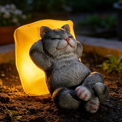 Suyorpe Solar Cat Outdoor Statues Mini Garden Decor - Sleeping Kitten Figurine for Outside Yard Art Lawn Porch Patio Balcony Decorations,Birthday Choice for Mom Grandma Women Lover
