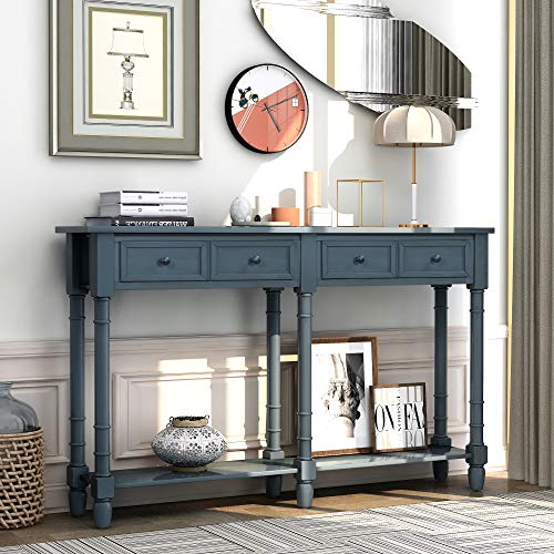 Merax Wood Narrow Console Table for Entryway Hallway Front Door SideTable with Drawers and Bottom Shelf Antique Navy