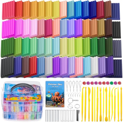 Ixiaoyoo 60 Colors Polymer Clay, DIY Modeling Clay Starter kit for Kids, Oven Baked Model Clay Art & Crafts Toys with Sculpting Tools, Non-Sticky, Birthday & Christmas Gift for Kids & Adults Artists