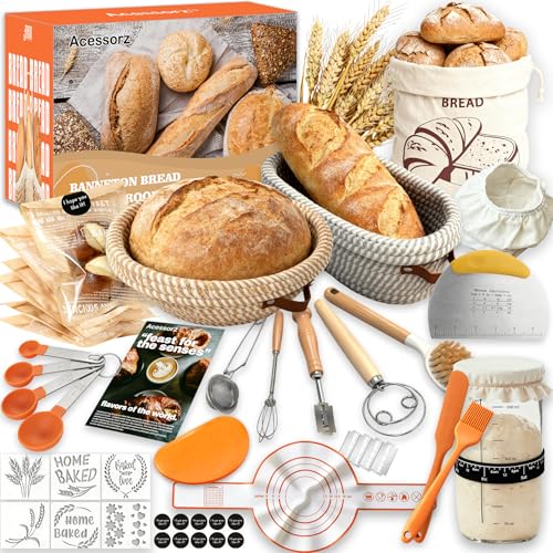 Acessorz Sourdough Bread Baking Supplies,Sourdough Starter Kit,2 Cotton Rope Banneton Proofing Basket,Bread Proofing Basket Making Tool Kit,Sour Dough Kit Tools,Baking Gifts for Women,Bakers,Wife,Mom