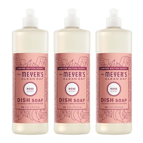 MRS. MEYER'S CLEAN DAY Liquid Dish Soap, Rose Scent, 16 Fl Oz Bottle - 3 Pack