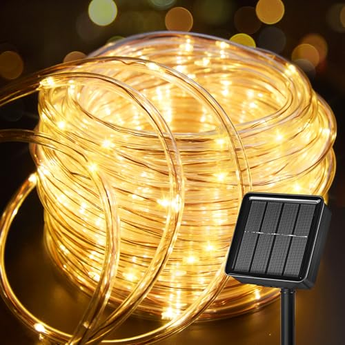 Brightown Solar Rope Lights, 39FT 100LED Outdoor Solar String Lights, IP65 Waterproof Solar Powered Fairy Lights with 8 Lighting Modes for Party Garden Yard Home Holiday Tree Decoration, Warm White