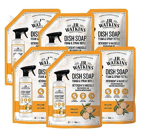 J.R. Watkins Foaming Dish Soap Refill Pouch, Crafted Clean & Cruelty Free, Orange, 32 fl oz, 6 Pack