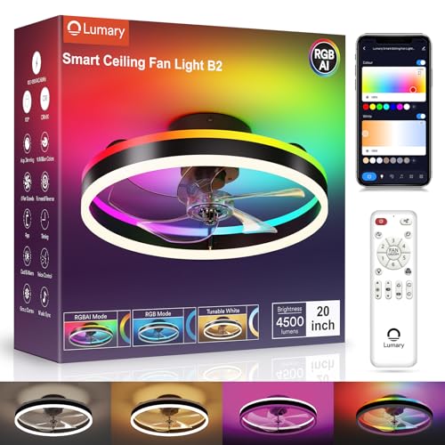 Lumary Smart WiFi Ceiling Fans with Lights, RGBAI Flush Mount Ceiling Fans with Lights and Remote, Dual Lighting Mode Modern LED Low Profile Ceiling Fan for Bedroom Works with Alexa Google, 20in Black