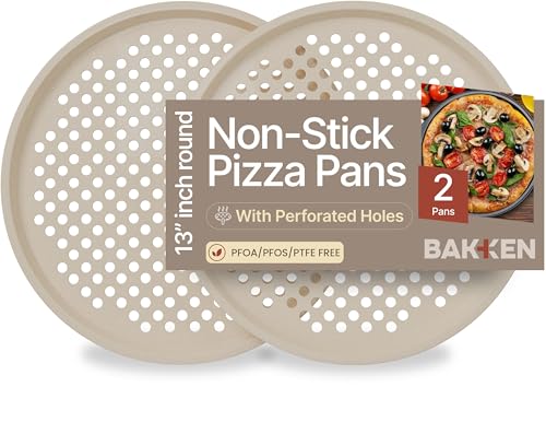 Bakken Pizza Baking Pan - Round Perforated Carbon Steel Pan with Non-Stick Marble Coating, Oversized Silicone Handle, Dishwasher Safe, High-Temperature Resistant, Durable & Easy Cleanup White, 2 Pack