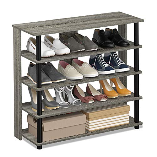 Furinno Turn-N-Tube 5 Tier Wide Shoe Rack, French Oak Grey/Black , 32 Inch