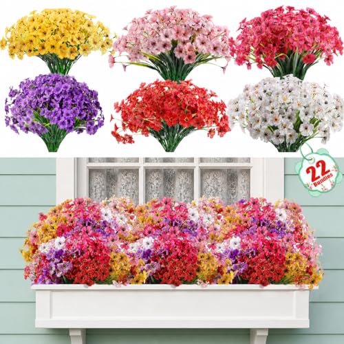 Powbrace 22 Pack Artificial Flowers for Outdoor Indoor Fake Plants, Faux Silk Flowers for Outdoors Outside Front Porch Hanging Planter Window Box Garden Spring Decoration(Multi-Colour)