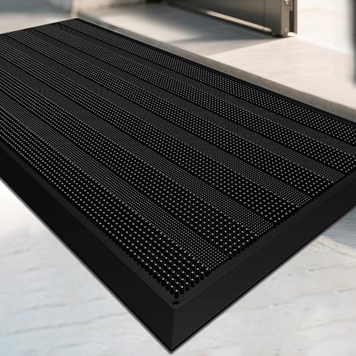 Mibao Front Door Mat Entrance, Waterproof All Weather All Season Non-Slip Rubber Welcome Mat, Dirt Trapper Low-Profile Heavy Duty Mud Doormat for Patio Entryway Garage Pool, 17" x 36", Black