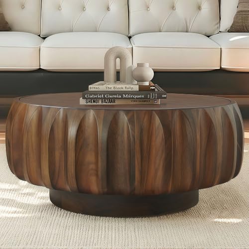 KEIKI Mid Century Modern Round Coffee Table, Birch Wood Carved Tea Tables w/Solid Base, Small Corner Center Drink Side Table, Circle Accent Cafe Desk for Living Room & Home, Easy Assembly, Walnut