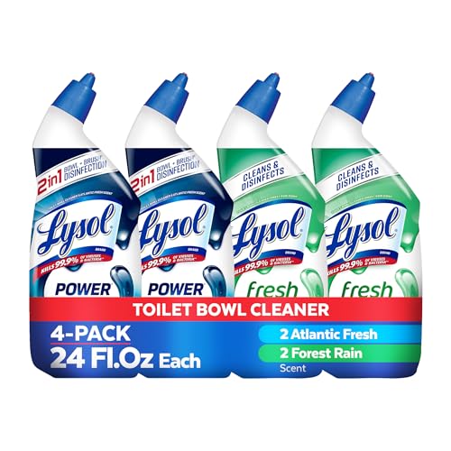 Lysol Toilet Bowl Cleaner, Max Strength Bathroom Cleaning Supplies, Toilet Bowl Cleaner Clinging Gel, Disinfecting and Deodorizing, Bleach Free, Atlantic Fresh + Forest Rain 24 oz (4 ct)