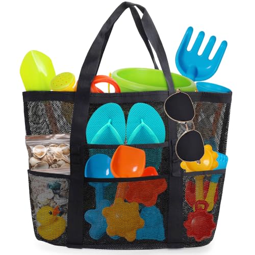 Showvigor Mesh Beach Bag - Large Beach Tote with Zipper Pocket for Family Pool Bag for Toys Vacation Essentials