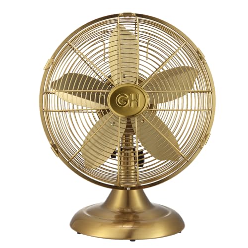 Good Housekeeping 92613 All-Metal 12" Retro Desk Office Table Fan with Wide Oscillation, 3-Speed Settings & Carrying Handle, Satin Brass