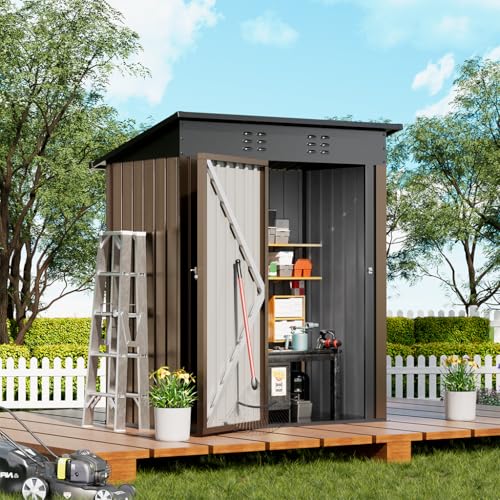 COMHOMA Shed Outdoor Storage Shed Metal,Lockable Doors Tool Sheds with Sloping Roof,Steel Garden Shed with Air Vent for Backyard,Patio,Lawn,Poolside(Brown,5'*3')