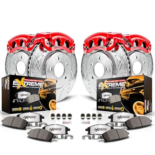 PowerStop Front and Rear Brake & Caliper Kit for Lexus GX460 2016-23 | Toyota 4Runner 2015-24 - Drilled & Slotted Disc Rotors + Z36 Brake Pads + Red-Powder Coated Calipers, KC5874A-36