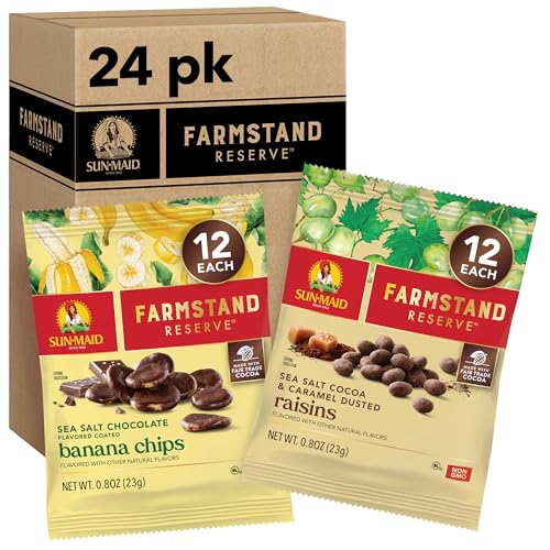 Sun-Maid Farmstand Reserve 24 Count Variety Pack - 0.8 oz Snack Bag – Sea Salt Cocoa & Caramel Dusted Raisins + Sea Salt Chocolate Coated Banana Chips (Amazon Exclusive)