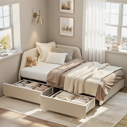 LIKIMIO Premium Twin Corner Day Bed Frame, Modern Upholstered Daybed with Headboard & Storage Drawers & Safety Rail, Perfect for Teen Room/Small Space/Apartment Essential