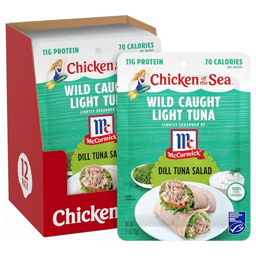Chicken of the Sea Lightly Seasoned Dill Wild Caught Light Tuna, 2.5 Ounce Packets, 12-Count – McCormick Dill Flavored High Protein Tuna in Water – Delicious, Easy, Nutritious Ready to Eat Meals