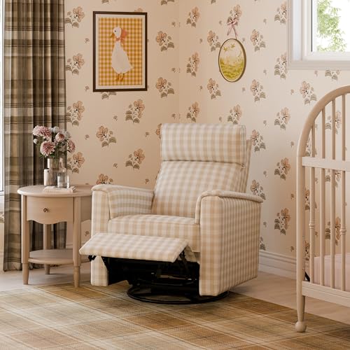 Namesake Willa Pro Power Recliner and Swivel Glider in Tan Gingham, Built-in USB Charging Port, Under Chair Light, Adjustable Headrest and Lumbar Support | Greenguard Gold and CertiPUR-US® Certified